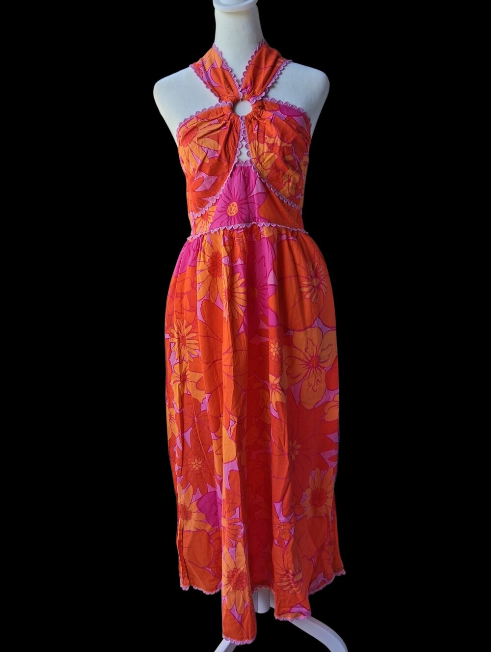 J.Marie Lizzie Crossbody Halter Midi Dress Floral Red Pink S